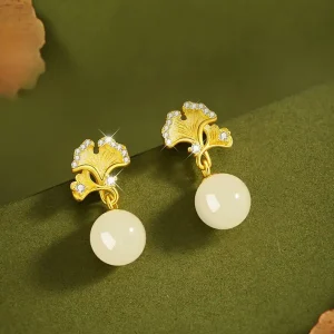 925 Silver Apricot Leaves Stud Earrings with Round Beads