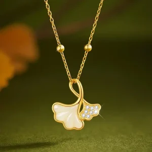 925 Silver Hetian Jade Apricot Leaves Necklace