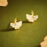 925 Silver Hetian Jade Apricot Leaves Necklace Stud Earrings-3