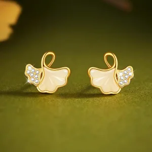 925 Silver Hetian Jade Apricot Leaves Stud Earrings