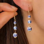 Blue and White Ceramic Bead Long Earrings-1