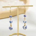 Blue and White Ceramic Bead Long Earrings-2