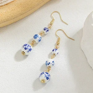Blue and White Ceramic Bead Long Earrings