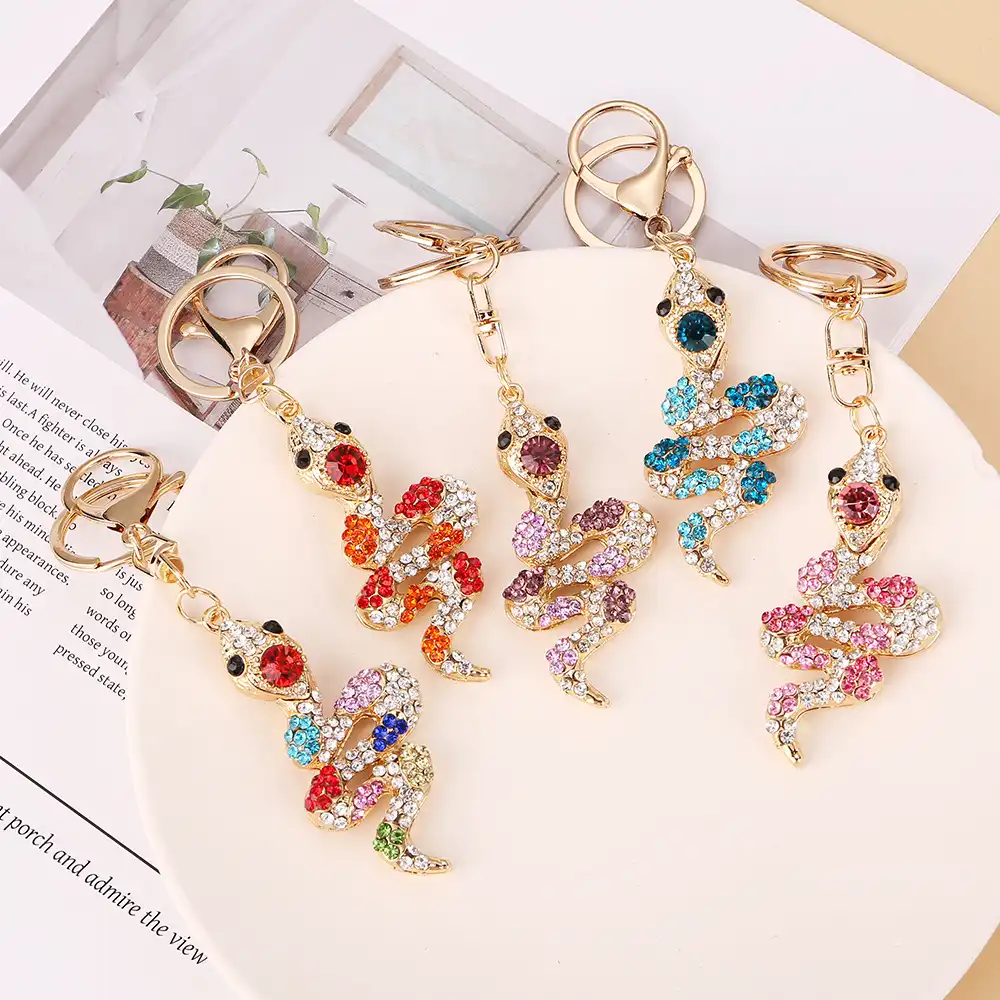 Inlaid Imitation Diamond Snake Keychain-1