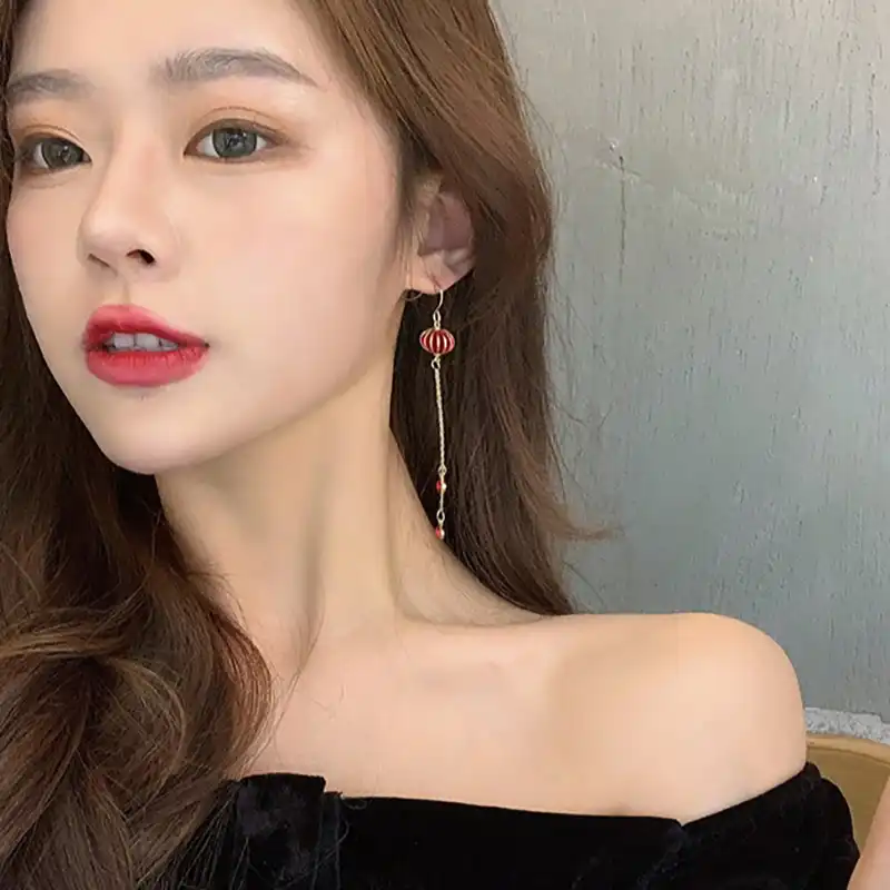 Red Lantern Earrings with Long Tassels-1