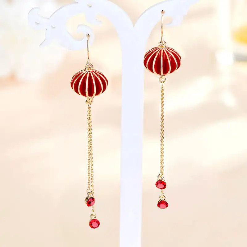 Red Lantern Earrings with Long Tassels
