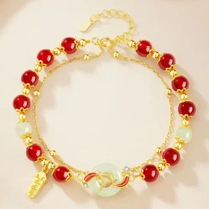 S925 Silver Koi Pingan Buckle Red Agate Bracelet