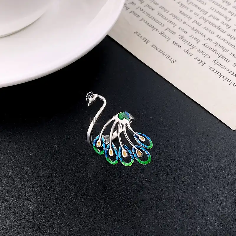 S925 Silver Multicolor Adjustable Peafowl Ring