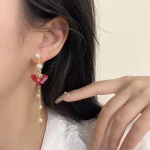 Asymmetric Fan Earrings with Long Tassel-1
