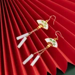 Bamboo Leaf Pattern Fan Earrings With Long Tassels-1