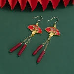Bamboo Leaf Pattern Fan Earrings With Long Tassels