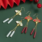 Bamboo Leaf Pattern Fan Earrings With Long Tassels-2