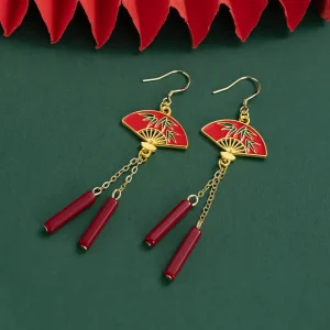 Bamboo Leaf Pattern Fan Earrings With Long Tassels