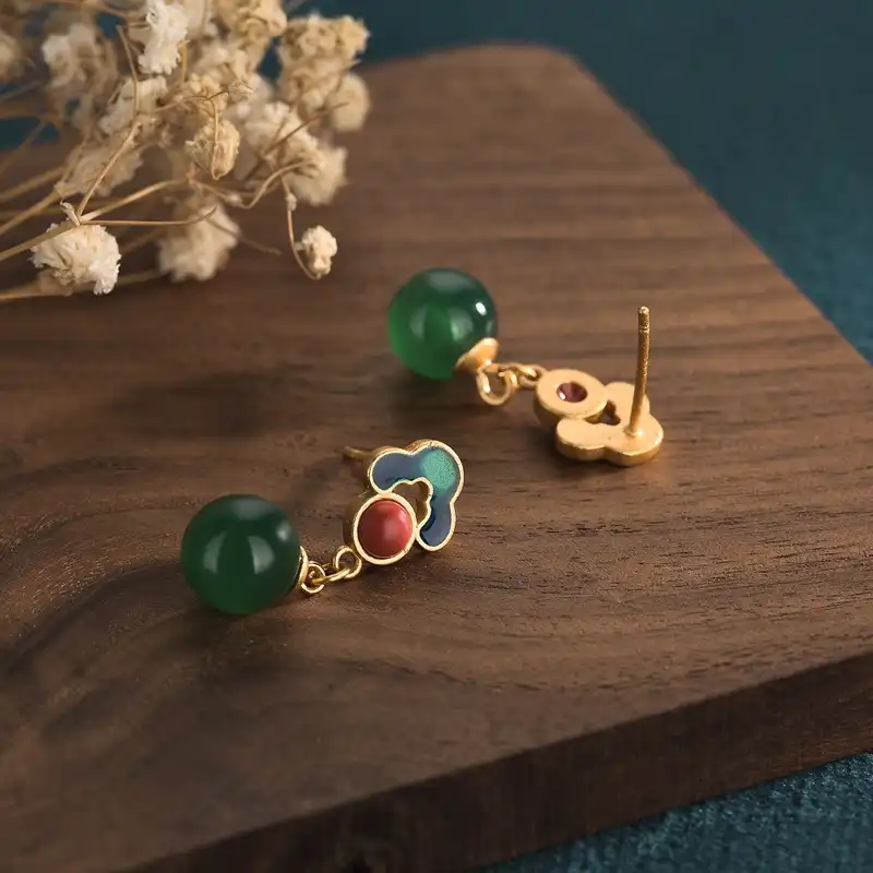 Copper Gold-plated Enamel Chalcedony Auspicious Cloud Earrings-2