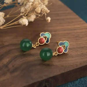 Copper Gold-plated Enamel Chalcedony Auspicious Cloud Earrings