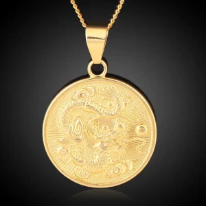 Copper Gold-plating Chinese Dragon Round Pendant Necklace