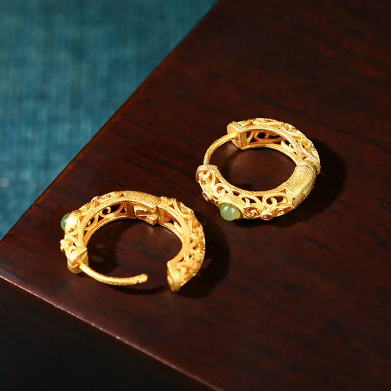 Hollow-out Auspicious Clouds Inlaid with Jade Bracelets Rings Earrings-2