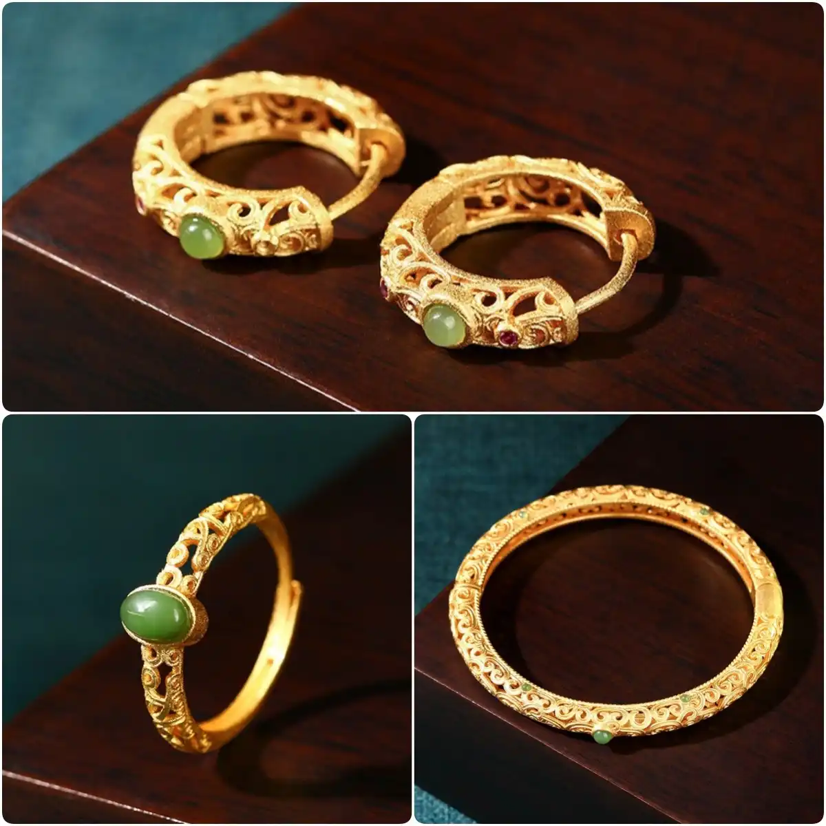 Hollow-out Auspicious Clouds Inlaid with Jade Bracelets Rings Earrings