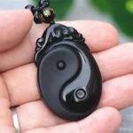 Obsidian Taiji Pendant Necklace with Adjustable Bead Chain-2