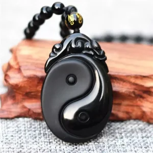 Obsidian Taiji Pendant Necklace with Adjustable Bead Chain