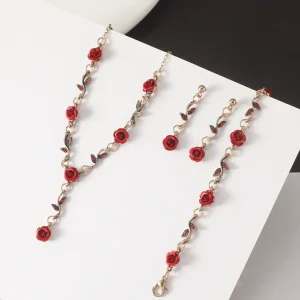 Red Rose Necklace Bracelet Earrings Set