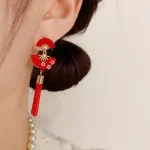 Small Flowers Red fan-shaped Earrings with Tassel-1