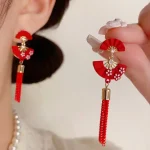 Small Flowers Red fan-shaped Earrings with Tassel-2