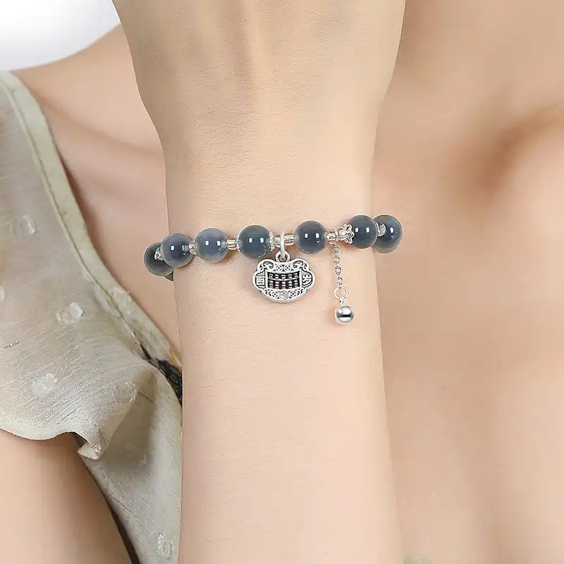 999 Sterling Silver Abacus Pingan Lock Sugar Heart Agate Bracelet-1
