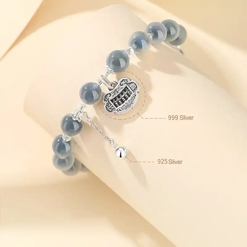 999 Sterling Silver Abacus Pingan Lock Sugar Heart Agate Bracelet-2