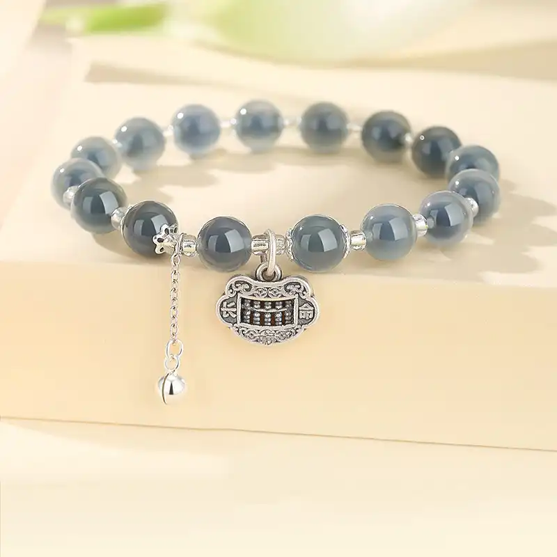 999 Sterling Silver Abacus Pingan Lock Sugar Heart Agate Bracelet