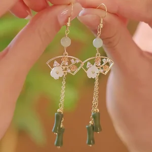 Hollow Flower Long Jade Bamboo Tassel Earrings