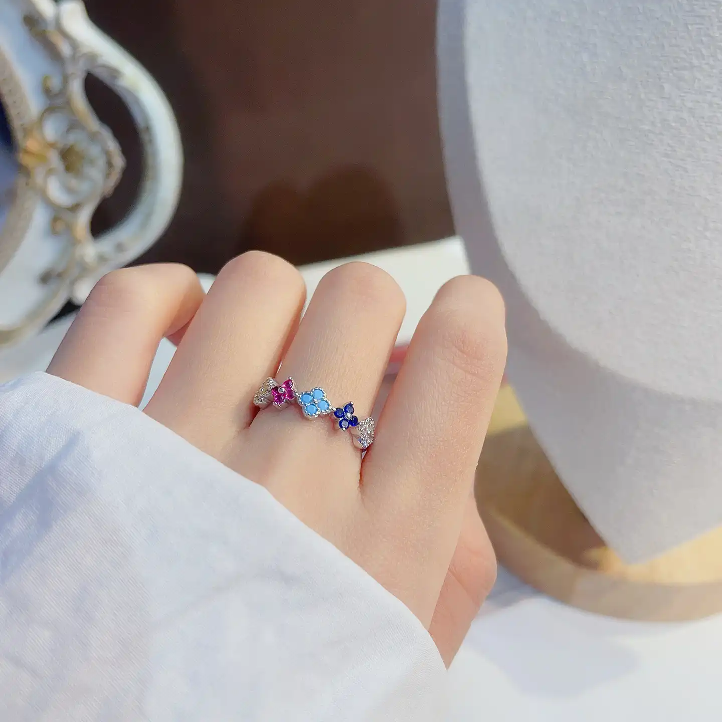 S925 Silver Colored Zircon Four Leaf Clover Ring-1