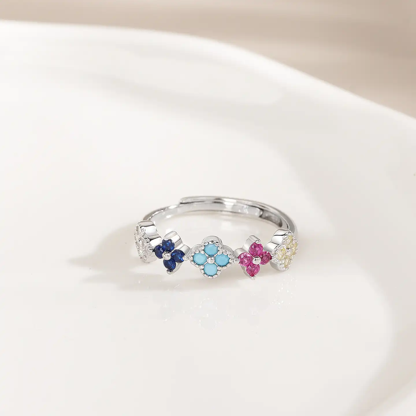 S925 Silver Colored Zircon Four Leaf Clover Ring-3