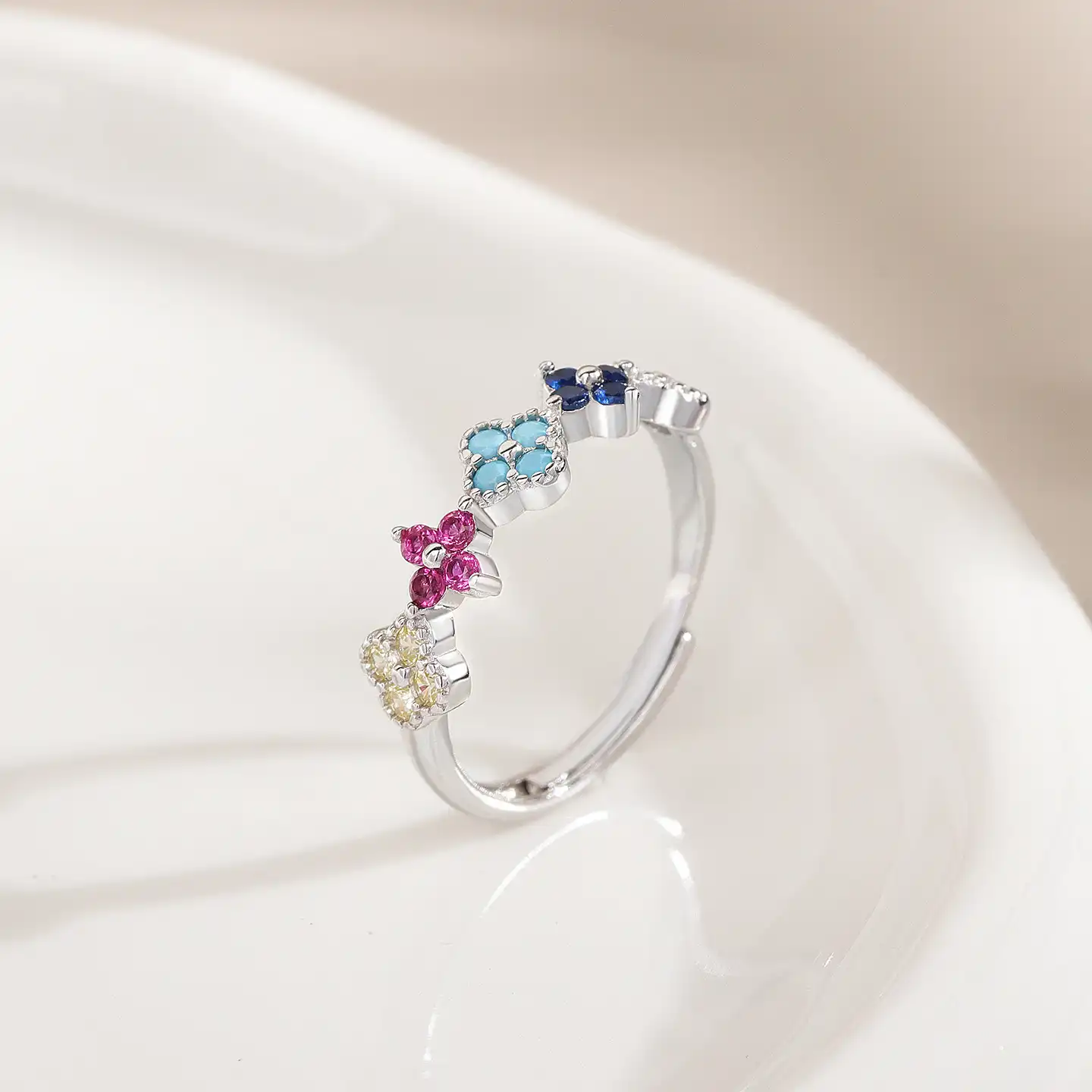 S925 Silver Colored Zircon Four Leaf Clover Ring