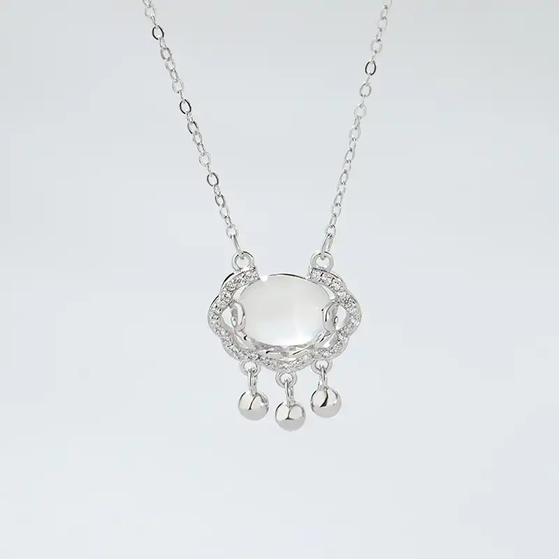 S925 Silver White Jade Chalcedony Pingan Lock Necklace-2