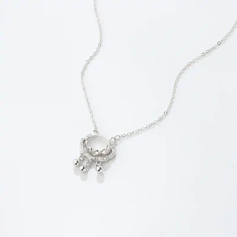 S925 Silver White Jade Chalcedony Pingan Lock Necklace-3