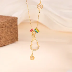 S925 Silver and White Jade Gourd Necklace with Character 'Fu'
