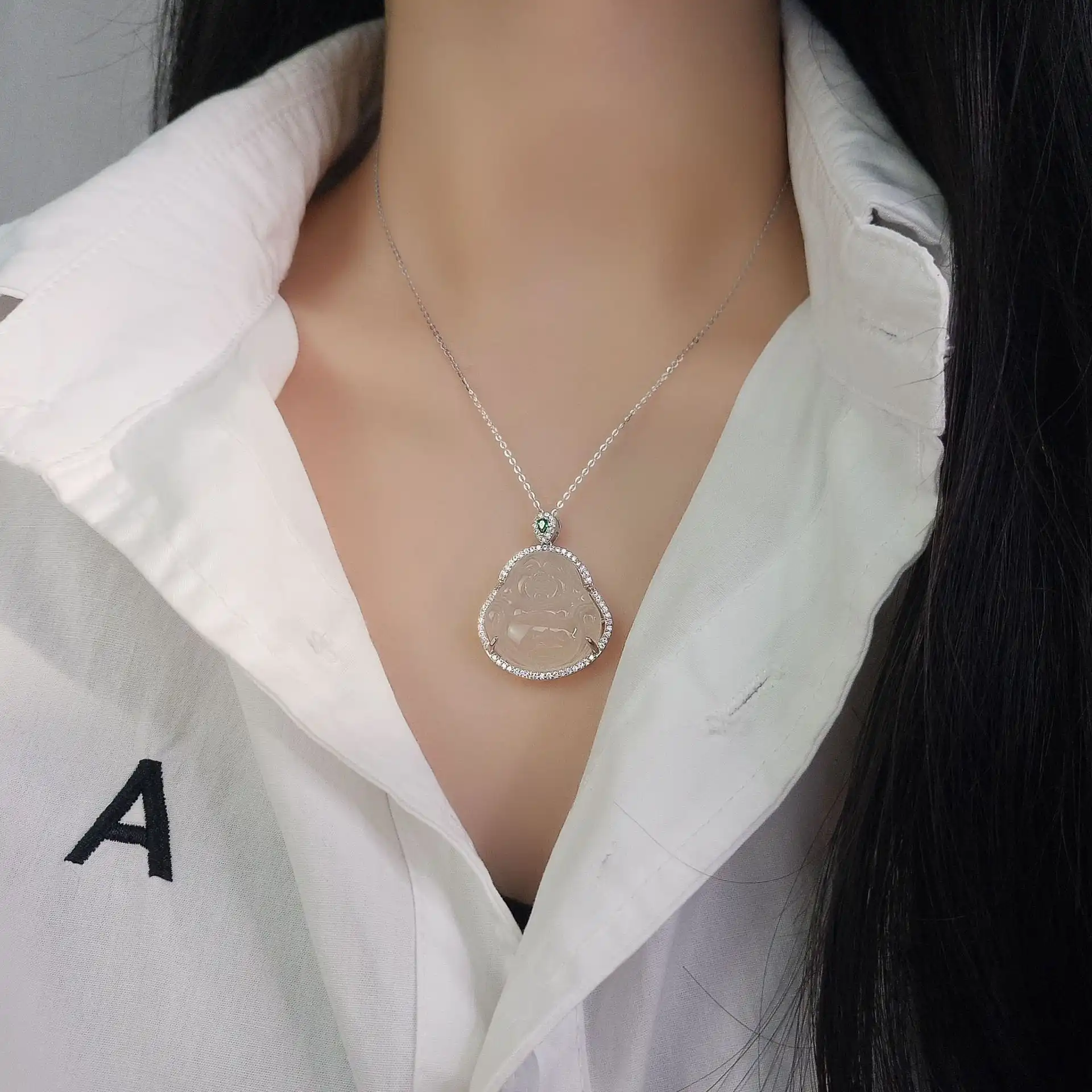 S925 Sliver Maitreya Buddha Jade Chalcedony Pendant Necklace-1