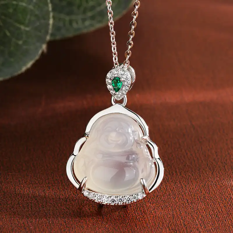 S925 Sliver Maitreya Buddha Jade Chalcedony Pendant Necklace-2