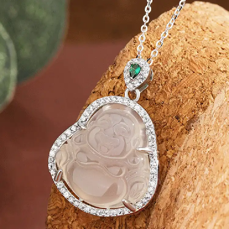 S925 Sliver Maitreya Buddha Jade Chalcedony Pendant Necklace-3