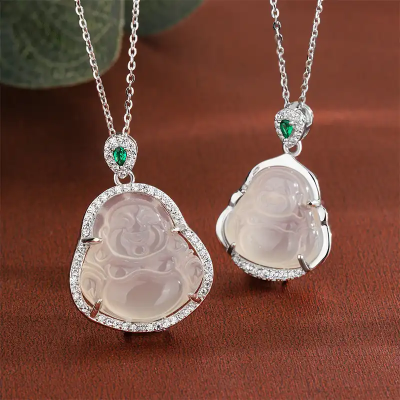 S925 Sliver Maitreya Buddha Jade Chalcedony Pendant Necklace