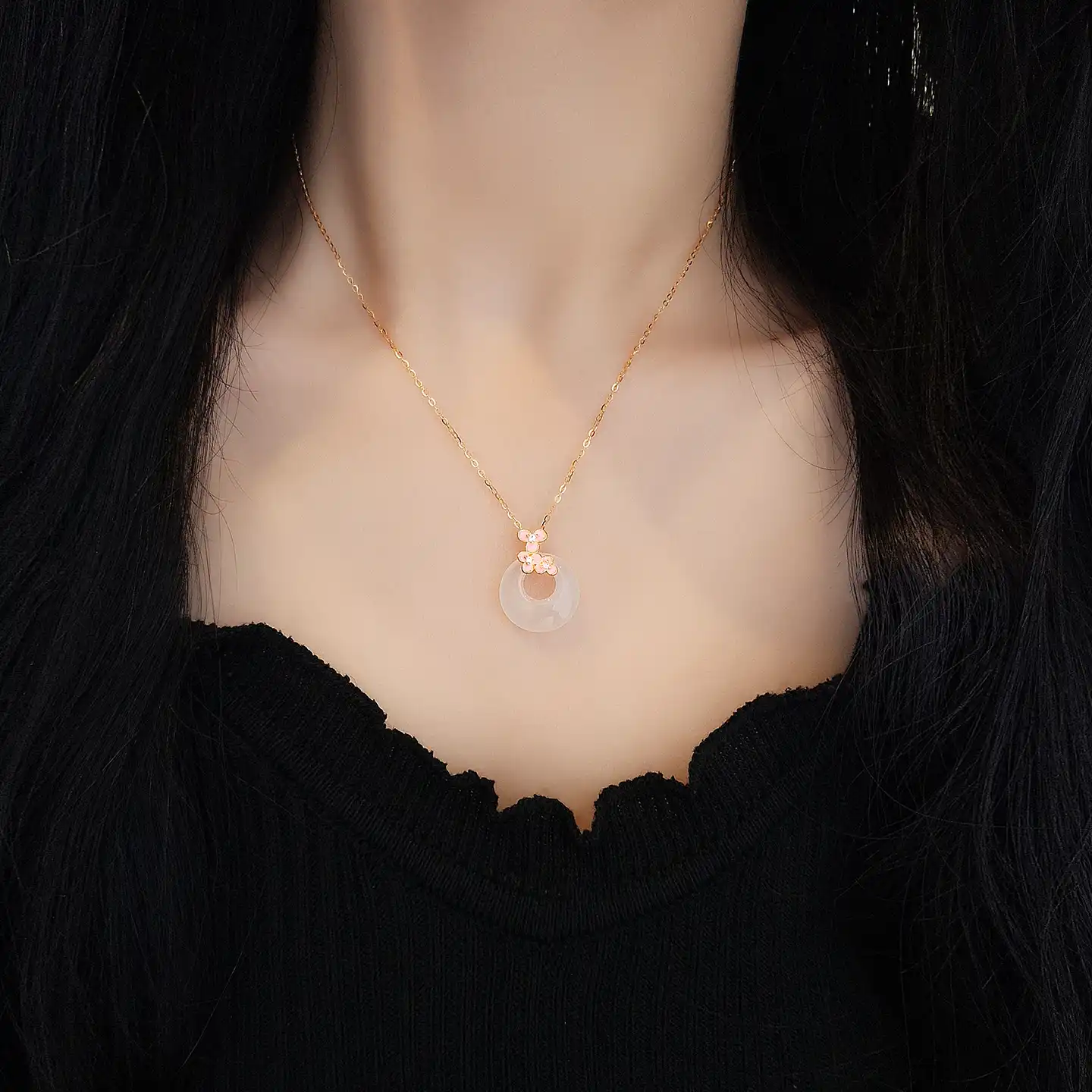 S925 Silver Peach Blossom Jade Chalcedony Pingan Buckle Necklace-1