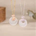 S925 Silver Peach Blossom Jade Chalcedony Pingan Buckle Necklace
