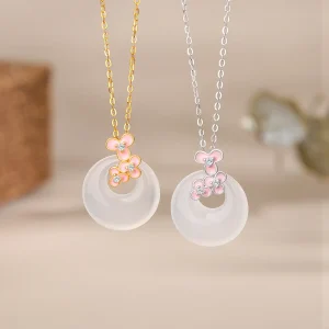 S925 Silver Peach Blossom Jade Chalcedony Pingan Buckle Necklace